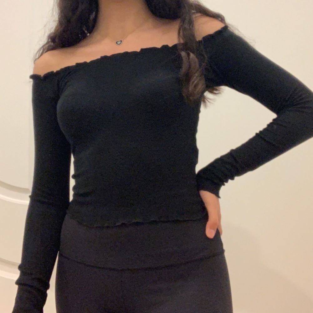 “Garage” black long sleeve off the shoulder top.